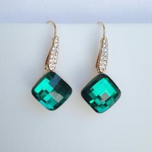Green Glass Earrings With Zirconia Ear Wires,..