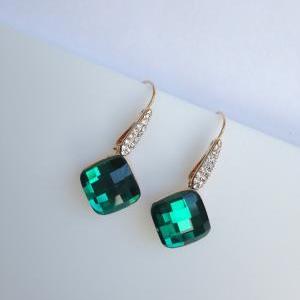 Green Glass Earrings With Zirconia Ear Wires,..