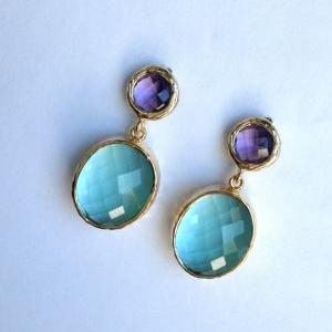 Purple Amethyst And Erinite Glass Post Earrings,..