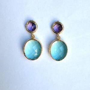 Purple Amethyst And Erinite Glass Post Earrings,..