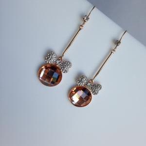 Fashion Earrings, Cz Gold Bow Champagne Round Drop..