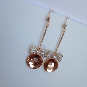 Fashion Earrings, Cz Gold Bow Champagne Round Drop..