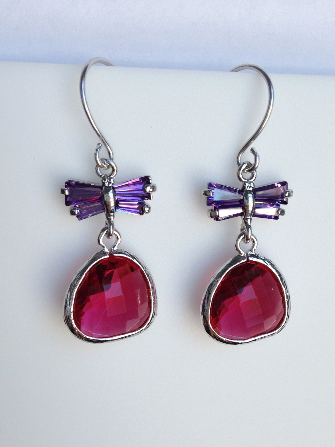 Fuchsia Teardrop And Purple Cubic Zirconia Butterfly Earrings , Drop, Dangle, Glass Earrings, Bridesmaid Gifts,wedding Jewelry, Jew000123