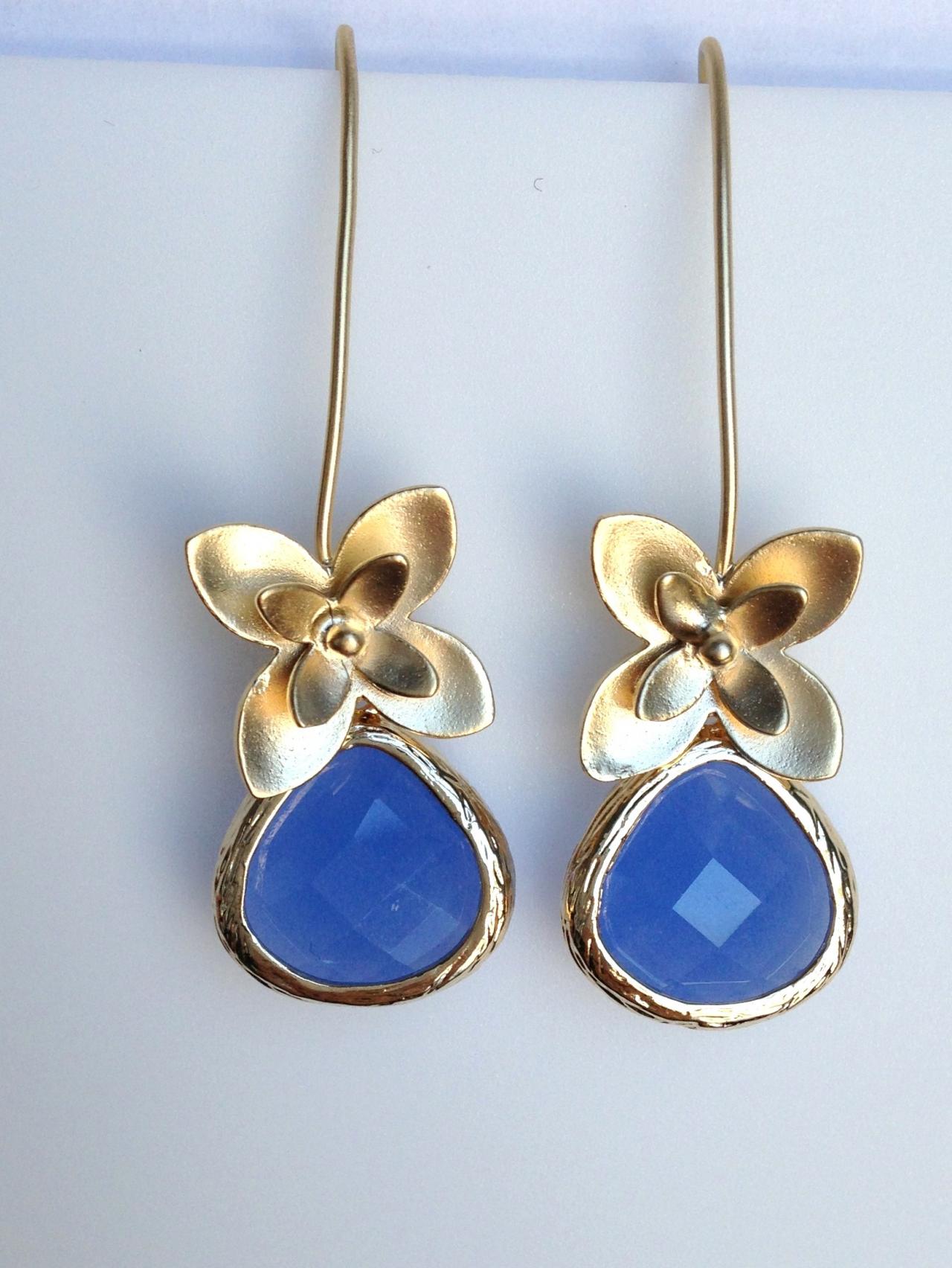 Gold Flower And Royal Blue Teardrop Glass Earrings, Drop, Dangle, Crystal Earrings, Bridesmaid Gifts, Wedding Jewelry, Jew000119